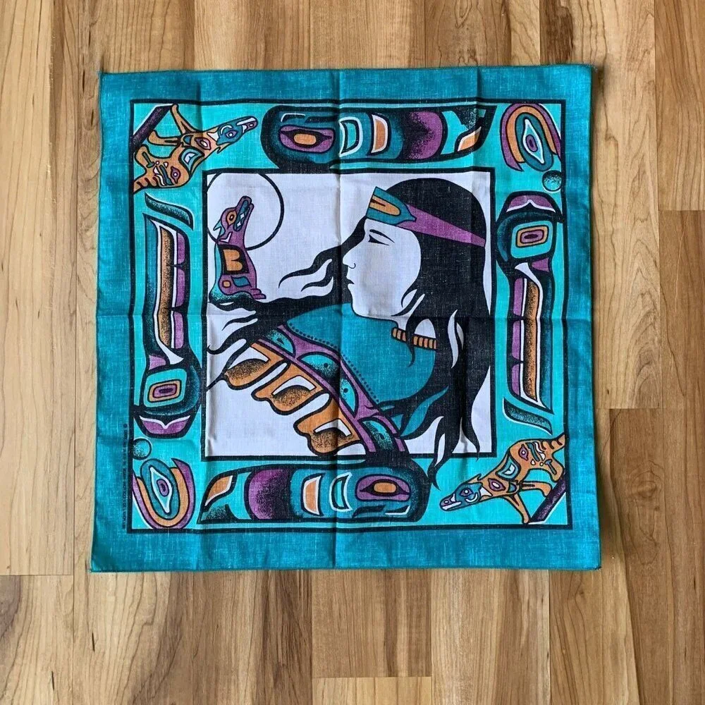 Vintage Aztec Southwestern Cotton Poly Turquoise Handkerchief Bandana USA 21”